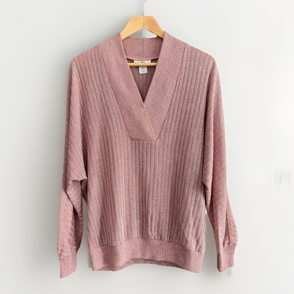 Vintage Robbie‎ Sport Rib Knit Sweater Pink Metallic Retro USA Made Women's M